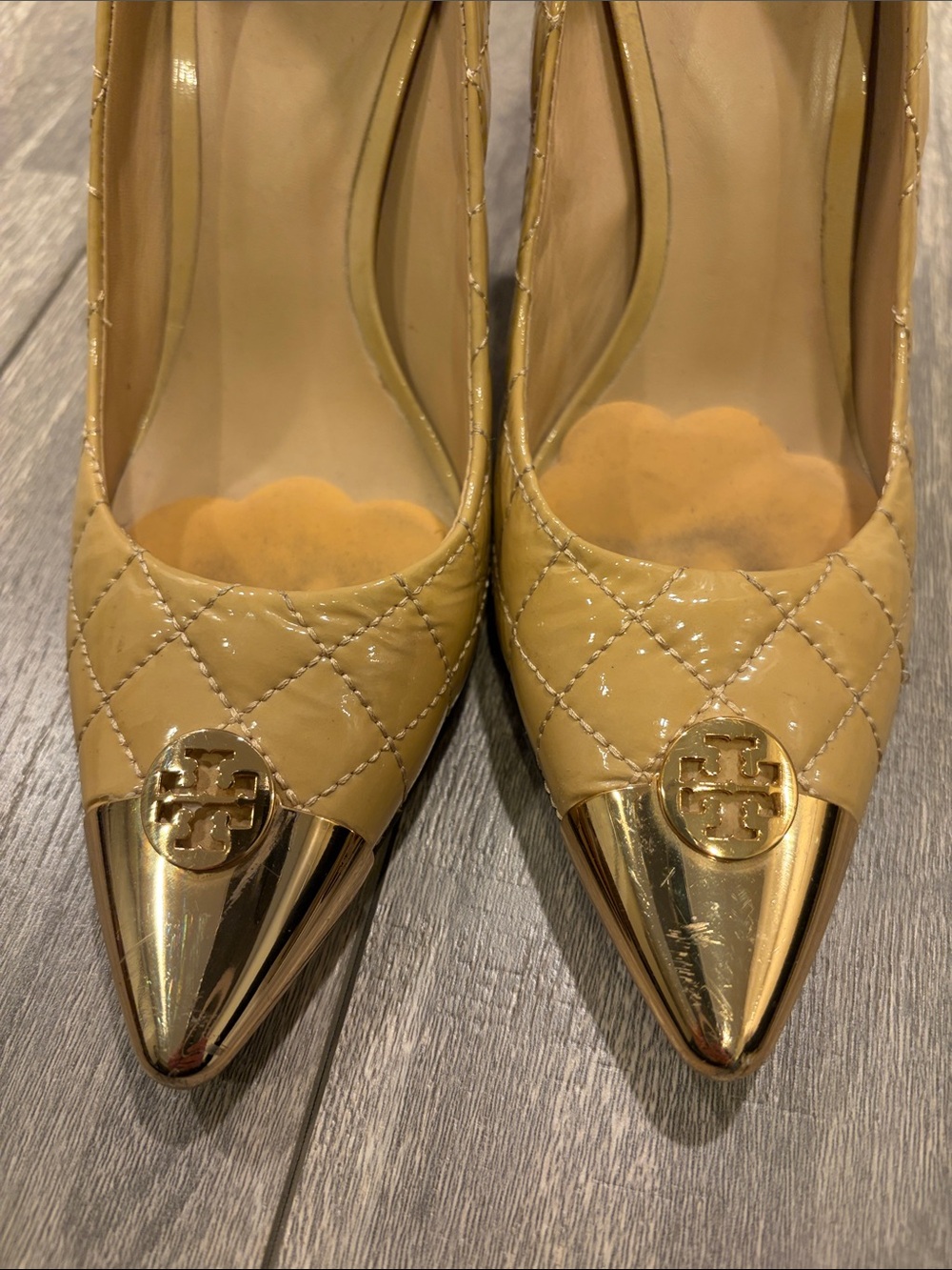 Tory Burch Quilted Yellow Leather Pointed Toe Pumps with Gold Cap - Picture 3 of 7